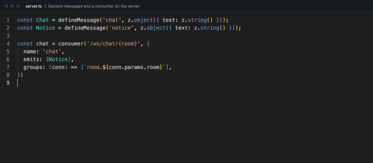 A chanx-js consumer, the AsyncAPI docs generated from it, generating the client, and that client catching a typo